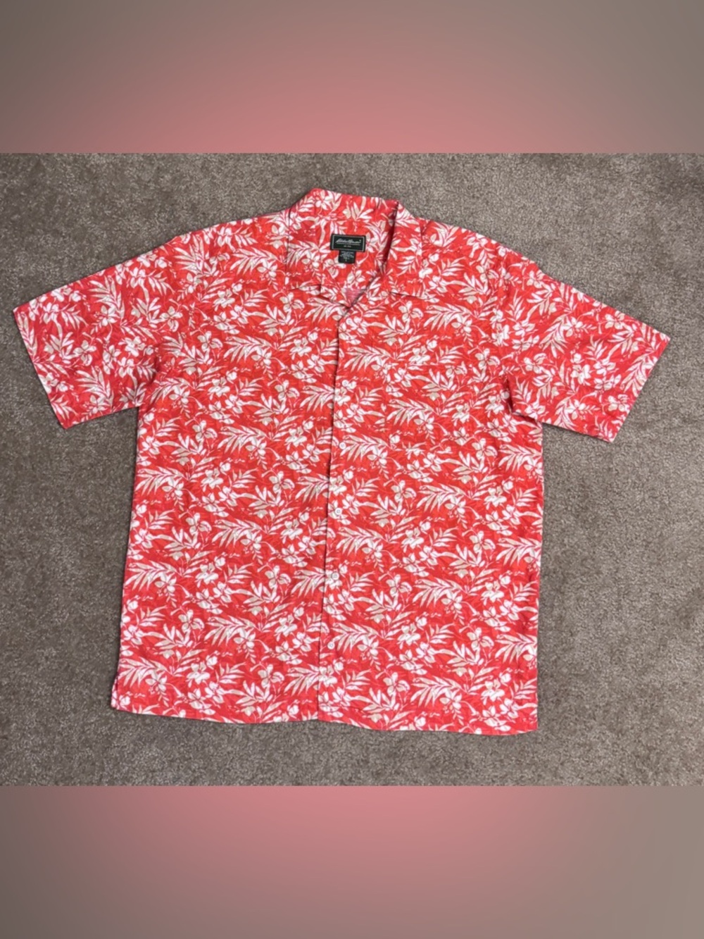 Eddie Bauer SS Men's Red-Orange Floral Hawaiian Button-Up Shirt 
Size L-Tall